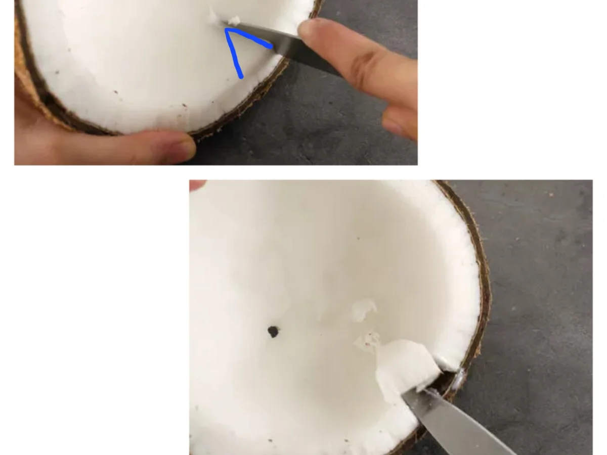 بهترین راه برای کندن پوست نارگیل - با چاقو یک مثلث روی گوشت نارگیل ایجاد کنید.